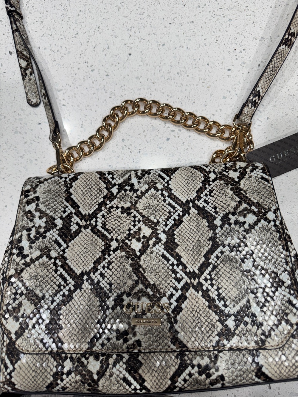 GUESS Snake-Print Crossbody Bag in Black, White, Cream